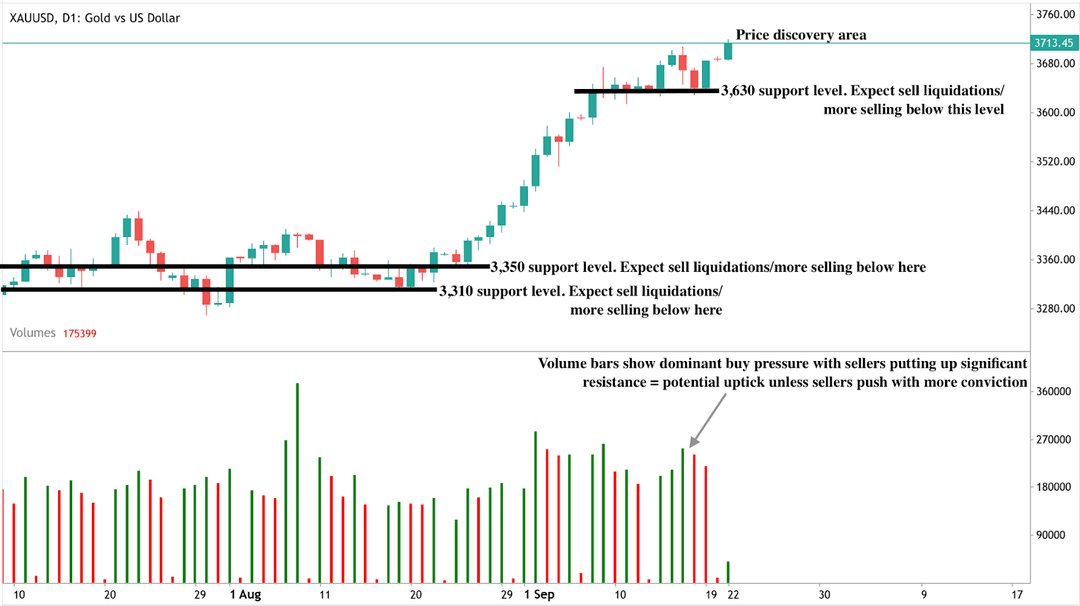 Candlestick chart of XAU/USD (Gold vs US Dollar) with support levels marked at 3,310, 3,350, and 3,630.