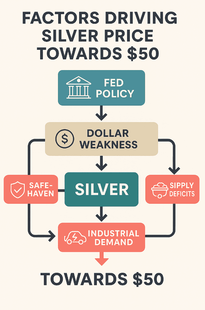 An infographic titled “Factors Driving Silver Price Towards $50”. 
