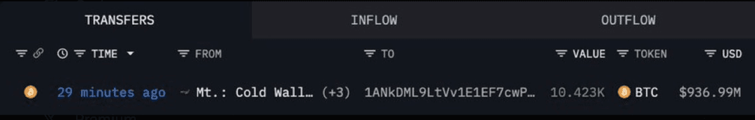 Screenshot of a Bitcoin transaction record showing a transfer from Mt. Gox cold wallet to another address