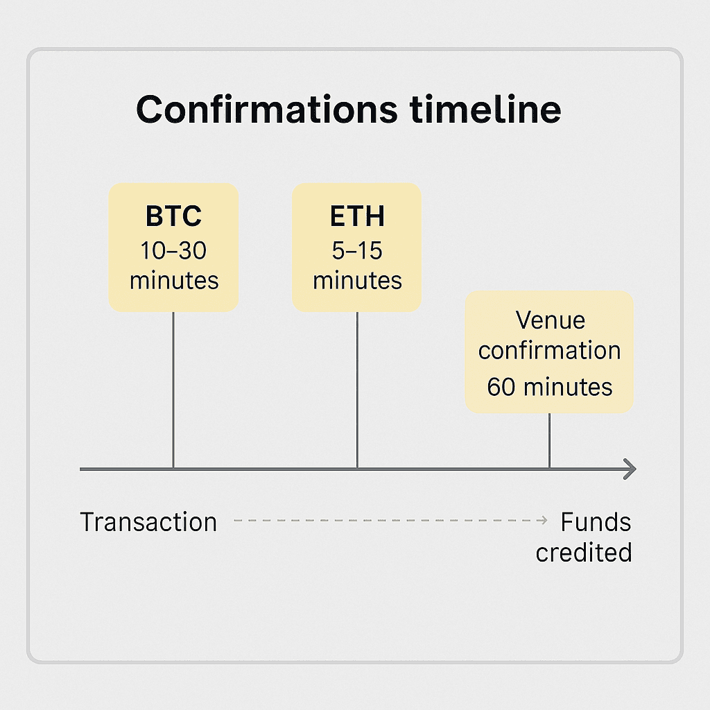 Typical confirmation windows for BTC vs ETH with venue confirmation examples.