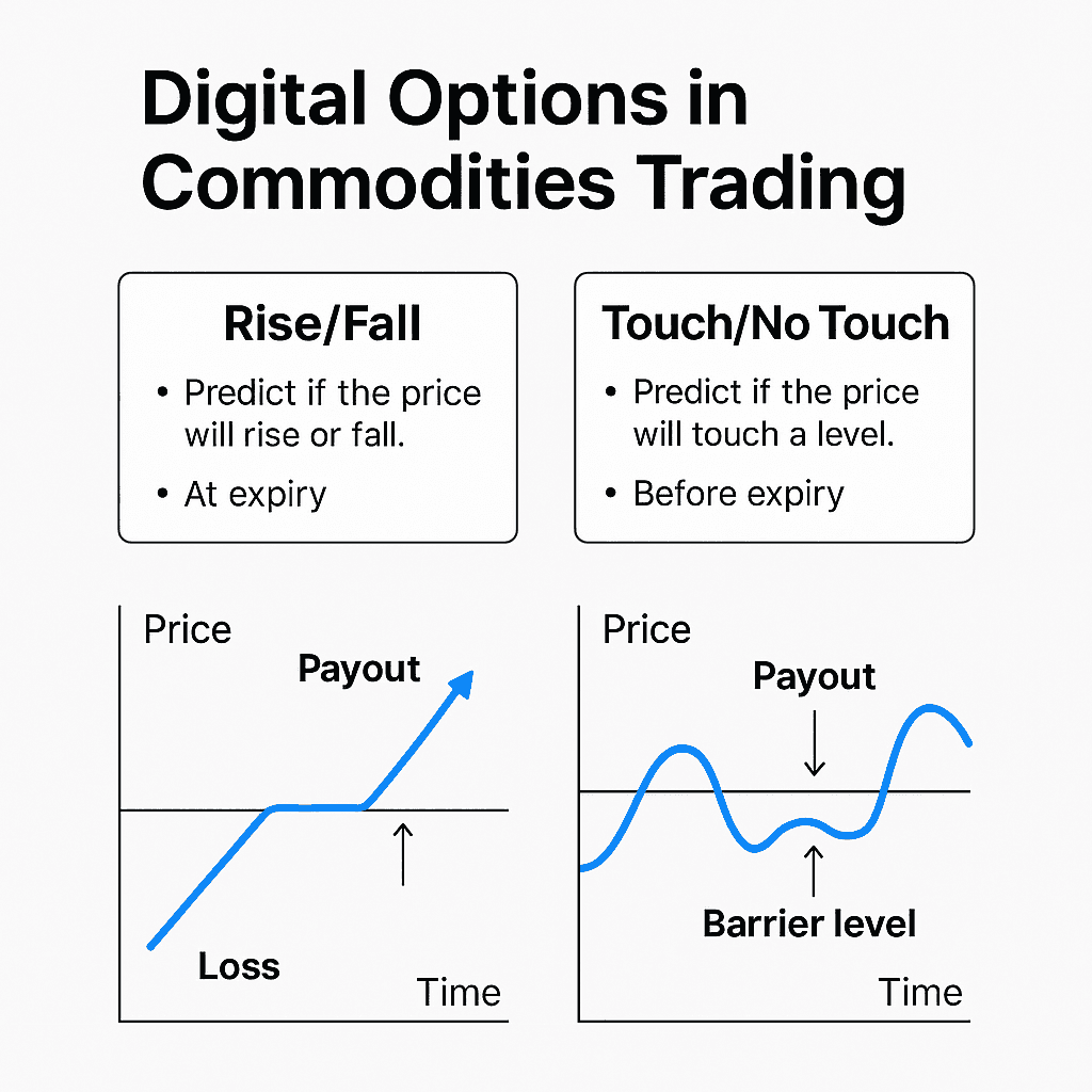 Diagram showing contract structure of Rise/Fall vs Touch/No Touch with example payouts