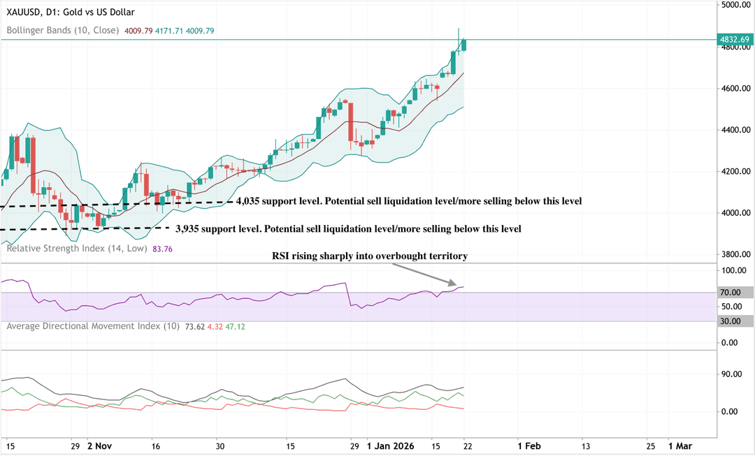 Daily candlestick chart of gold versus the US dollar showing a strong, accelerating uptrend.