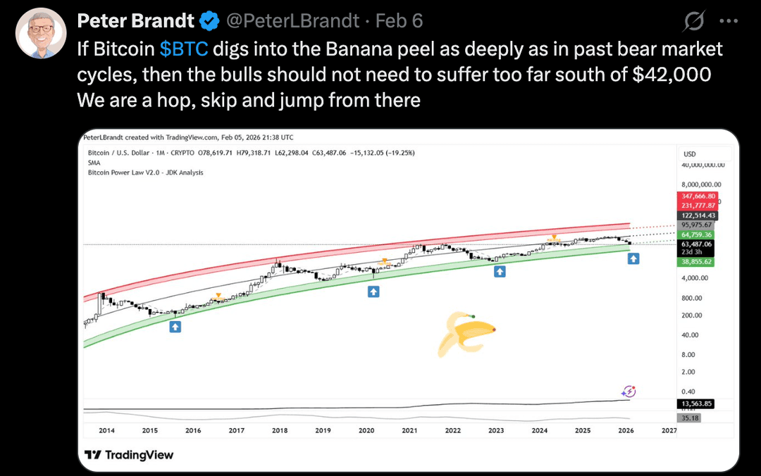 Screenshot of a tweet by trader Peter Brandt showing a long-term Bitcoin price chart with trend channels and a ‘banana peel’ graphic.