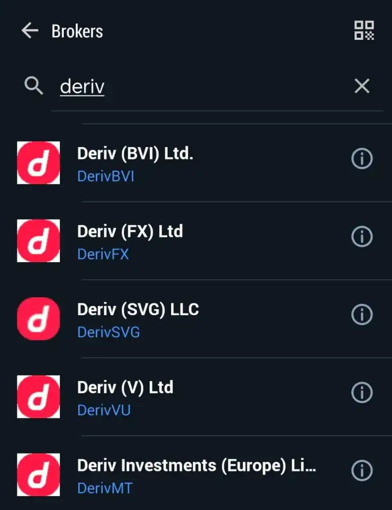 Deriv-Broker auf der MT5-Mobile-App