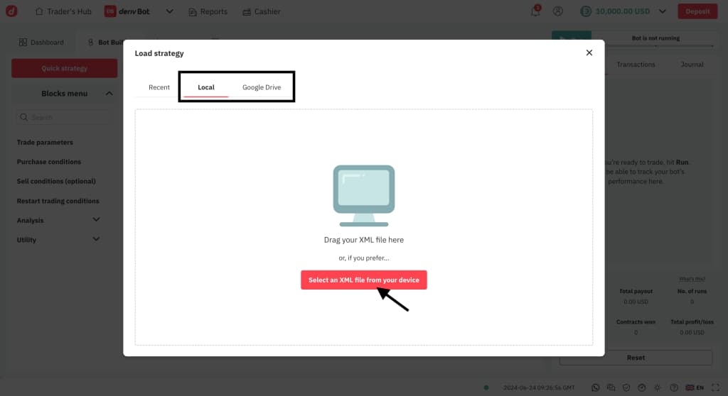 Die Deriv-Bot-Schnittstelle zeigt einen der Schritte für die Bot-Migration.