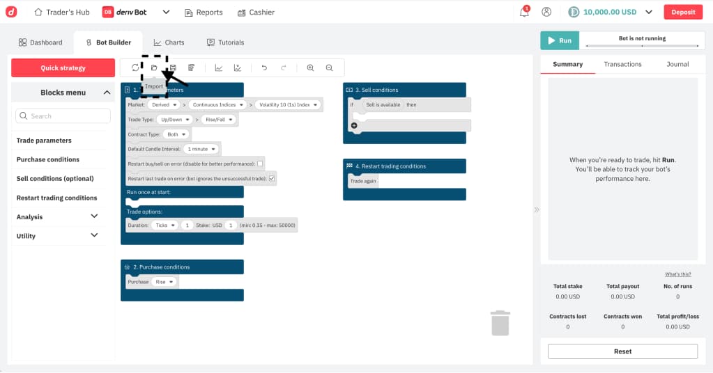 Deriv Bot Schnittstelle, die die Funktion zum Importieren des Binary Trading Bot hervorhebt