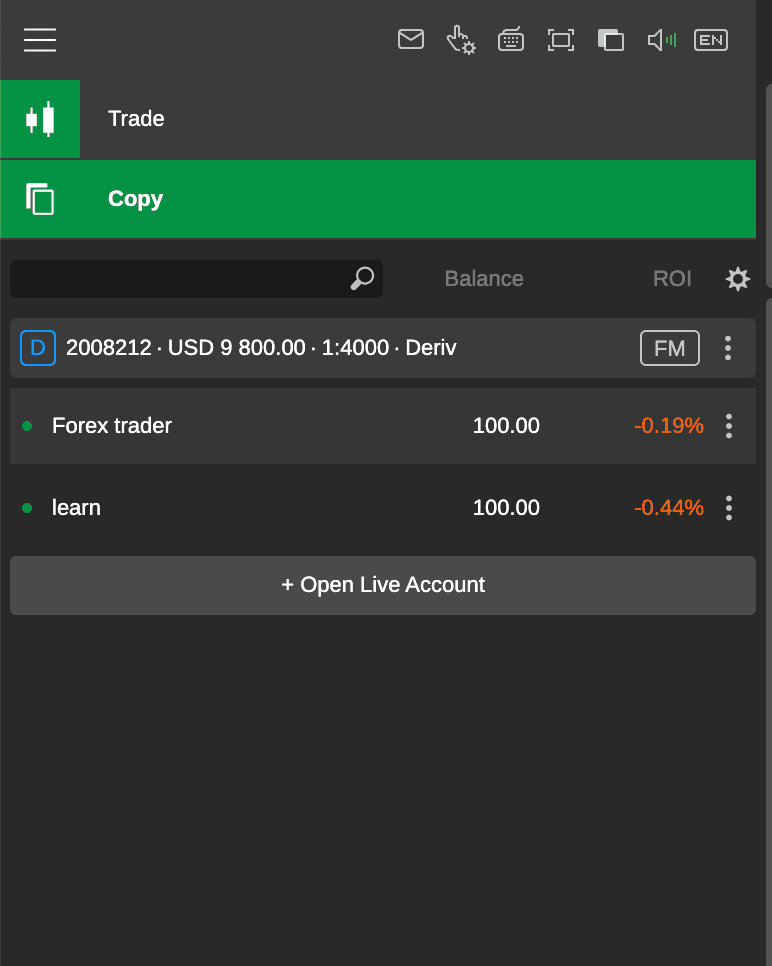 Navigate among the list of active copy trades in the left column within the Copy tab