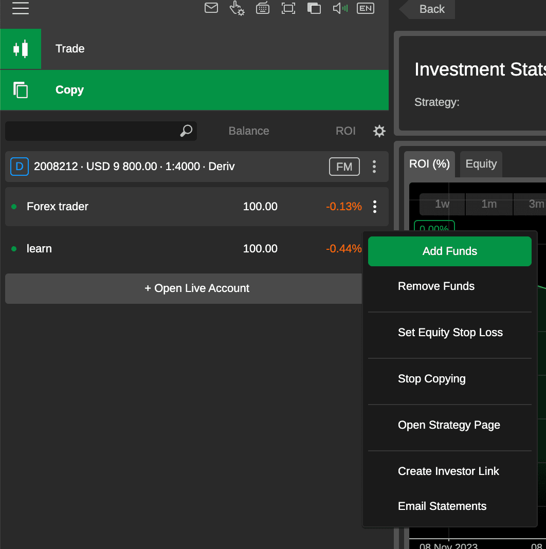 Navigate among the list of active copy trades in the left column within the Copy tab