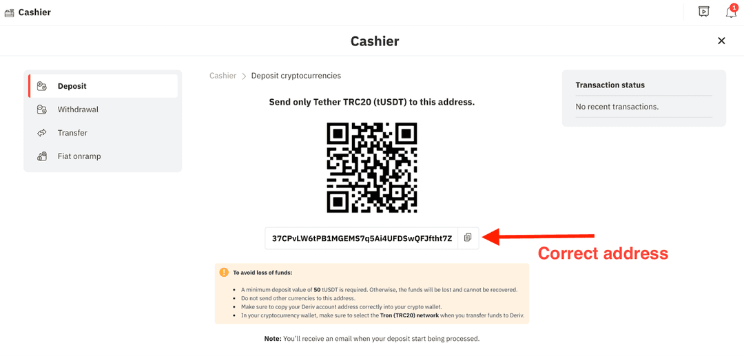 在 Deriv Cashier 存取 Tether TRC20 (tUSDT)