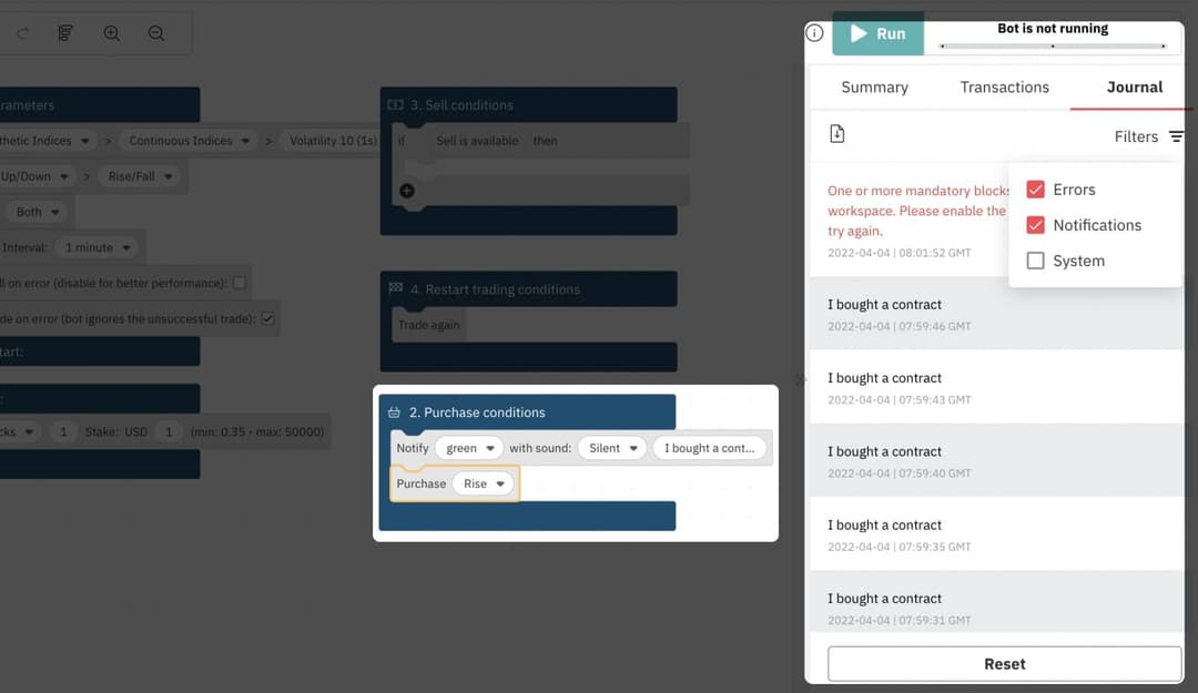 6.2. استخدام الإشعارات لتصحيح استراتيجية تداول D Bot