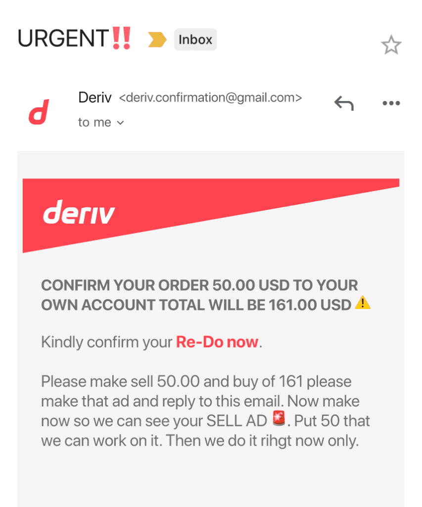 来自 deriv 电子邮件的网络钓鱼电子邮件示例