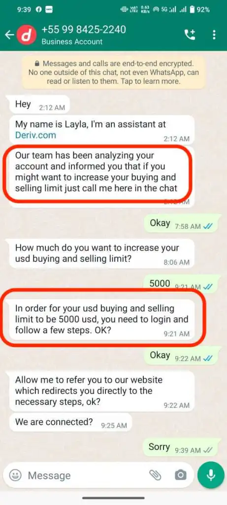 来自虚假 Deriv 号码的 Whatsapp 诈骗消息示例