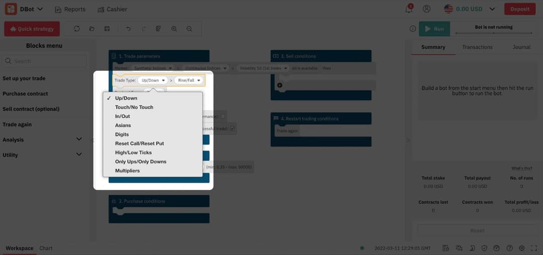 أنواع التداول على D Bot – روبوت التداول على Deriv