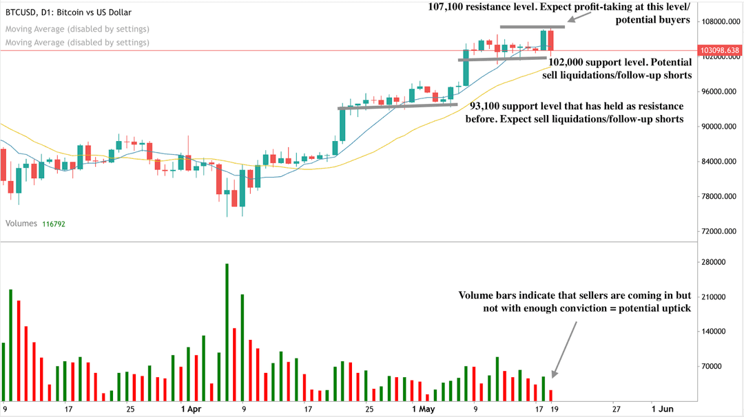 BTC/USD 일간 가격 차트는 주요 지지 및 저항선을 표시하며, 저거래량 매도와 가격 반등 가능성을 강조합니다.