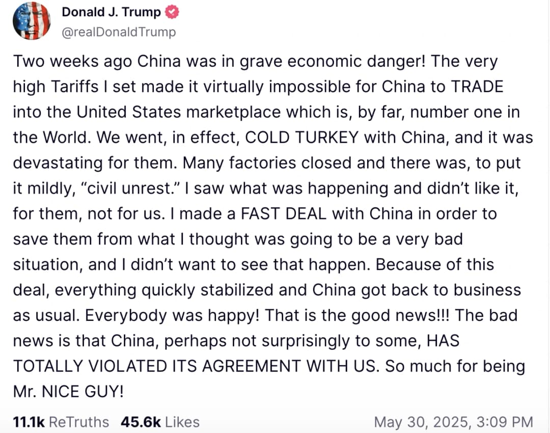 屏幕截图显示 Donald Trump 在 Truth Social 发帖指控中国违反日内瓦签署的贸易协议