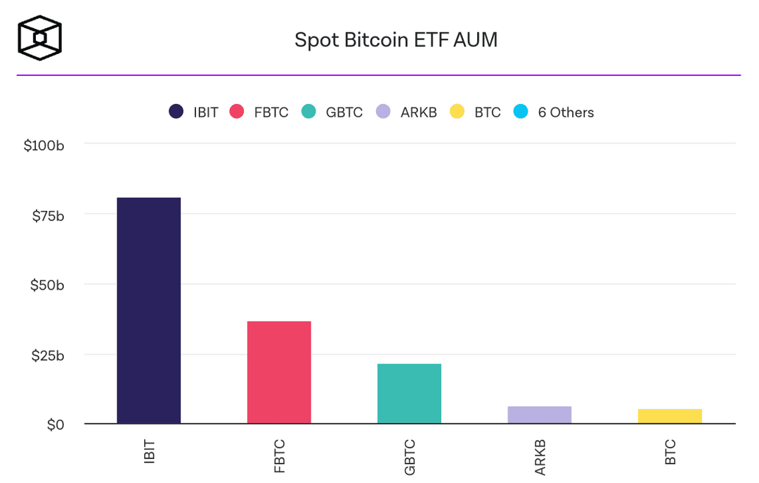 Ein Balkendiagramm mit dem Titel „Spot Bitcoin ETF AUM“ (Assets Under Management), das vergleichende AUM-Werte verschiedener Bitcoin-ETFs zeigt.