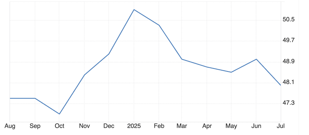 Line chart showing monthly data from August 2024 to July 2025. The values rise steadily from October, peak in January 2025, then decline with minor fluctuations through July, ending lower at around 48.1.