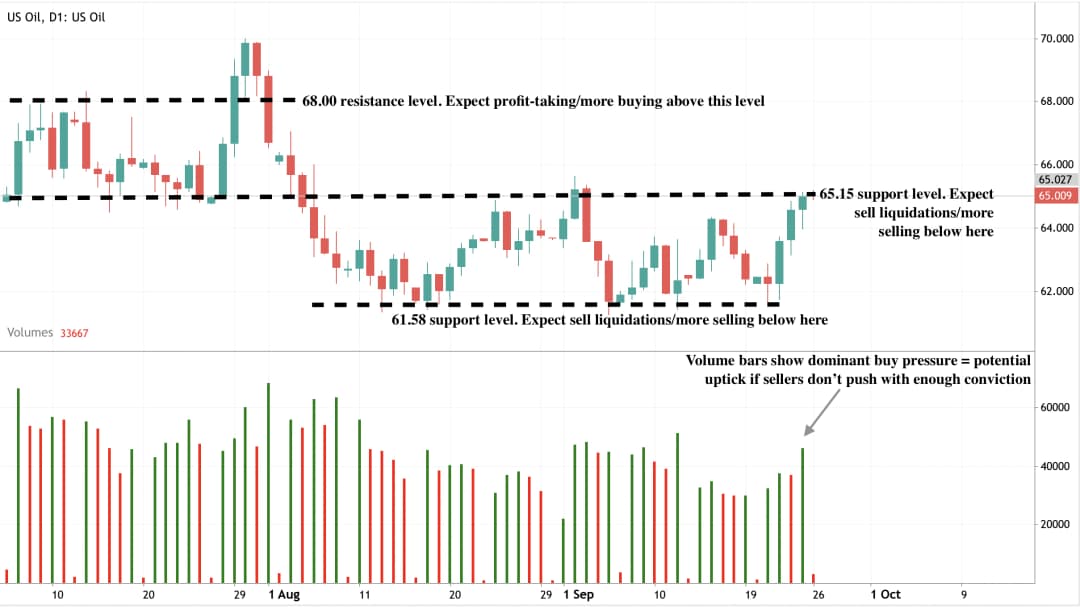 Candlestick chart of WTI daily prices with support/resistance levels.