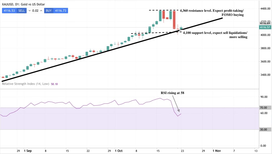 A daily candlestick chart of XAU/USD (Gold vs US Dollar) showing a strong uptrend supported by a rising trendline.