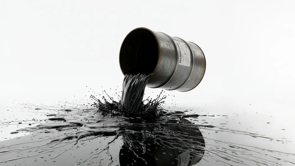 A metal oil barrel tipped over, spilling black crude oil onto a smooth reflective surface, with splashes radiating outward against a plain white background