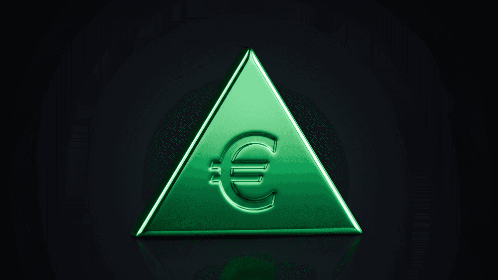 3D green metallic triangle with the Euro (€) currency symbol embossed at the centre, displayed on a dark background.