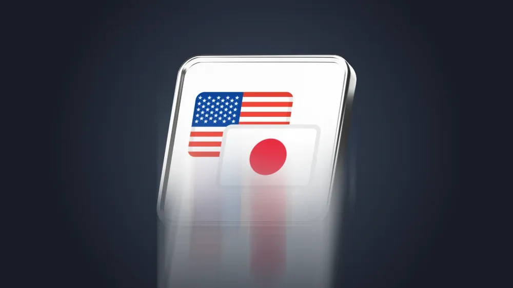 3D graphic showing the United States and Japan flags overlapping, representing the USD/JPY currency pair and trade relations between the U.S. dollar and Japanese yen.