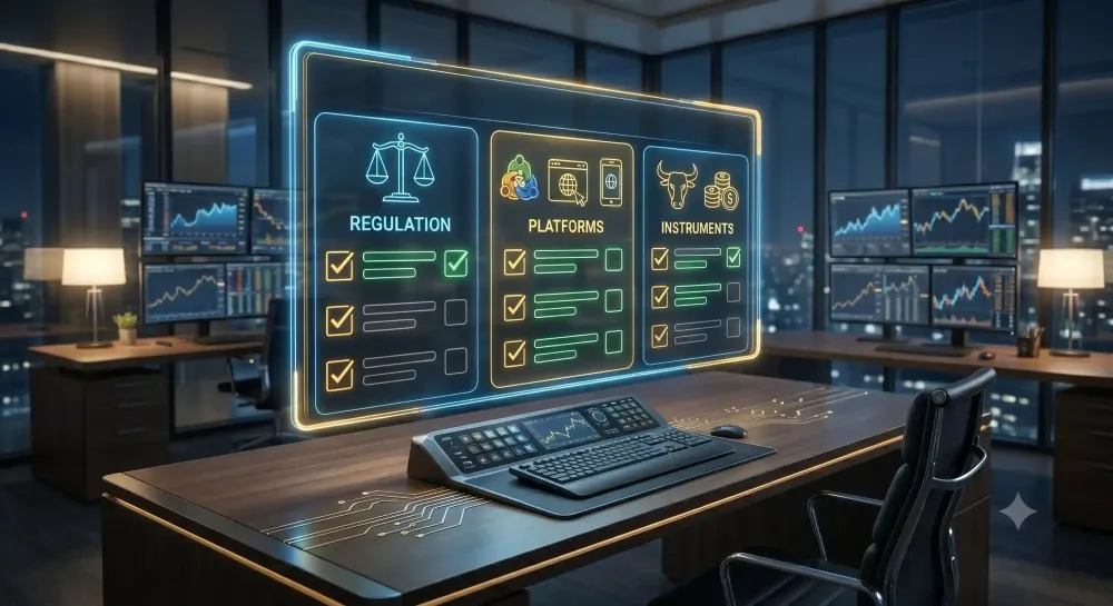 A futuristic trading desk featuring a glowing holographic checklist used to evaluate synthetic brokers: focusing on regulatory standing, platform versatility, and instrument range.