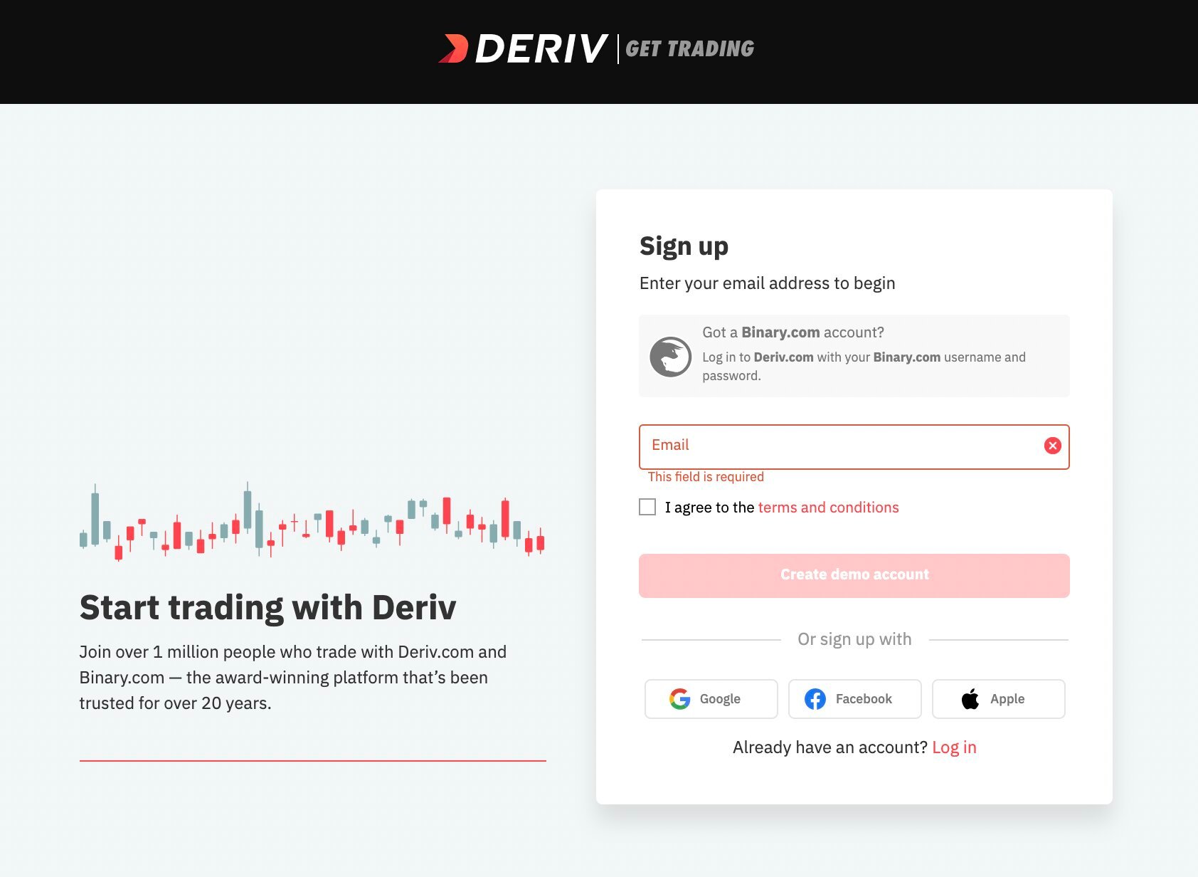 Deriv’s sign up page