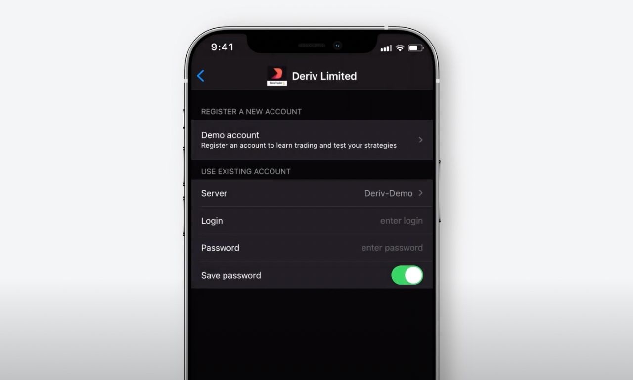 Deriv M T5 Mobile App Log in Screen