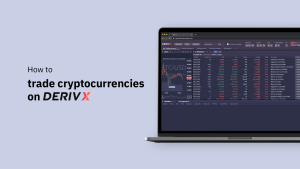 text that says "how to trade cryptocurrencies on Deriv X" and Deriv X platform on laptop