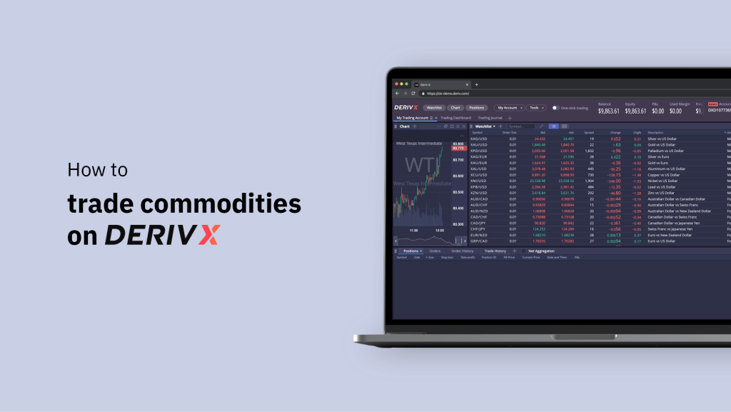 text that says "how to trade commodities on Deriv X" and Deriv X platform on laptop