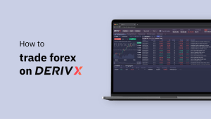 text that says "how to trade forex on Deriv X" and Deriv X platform on laptop