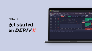 text that says 'How to get started on Deriv X' and Deriv X platform on laptop.