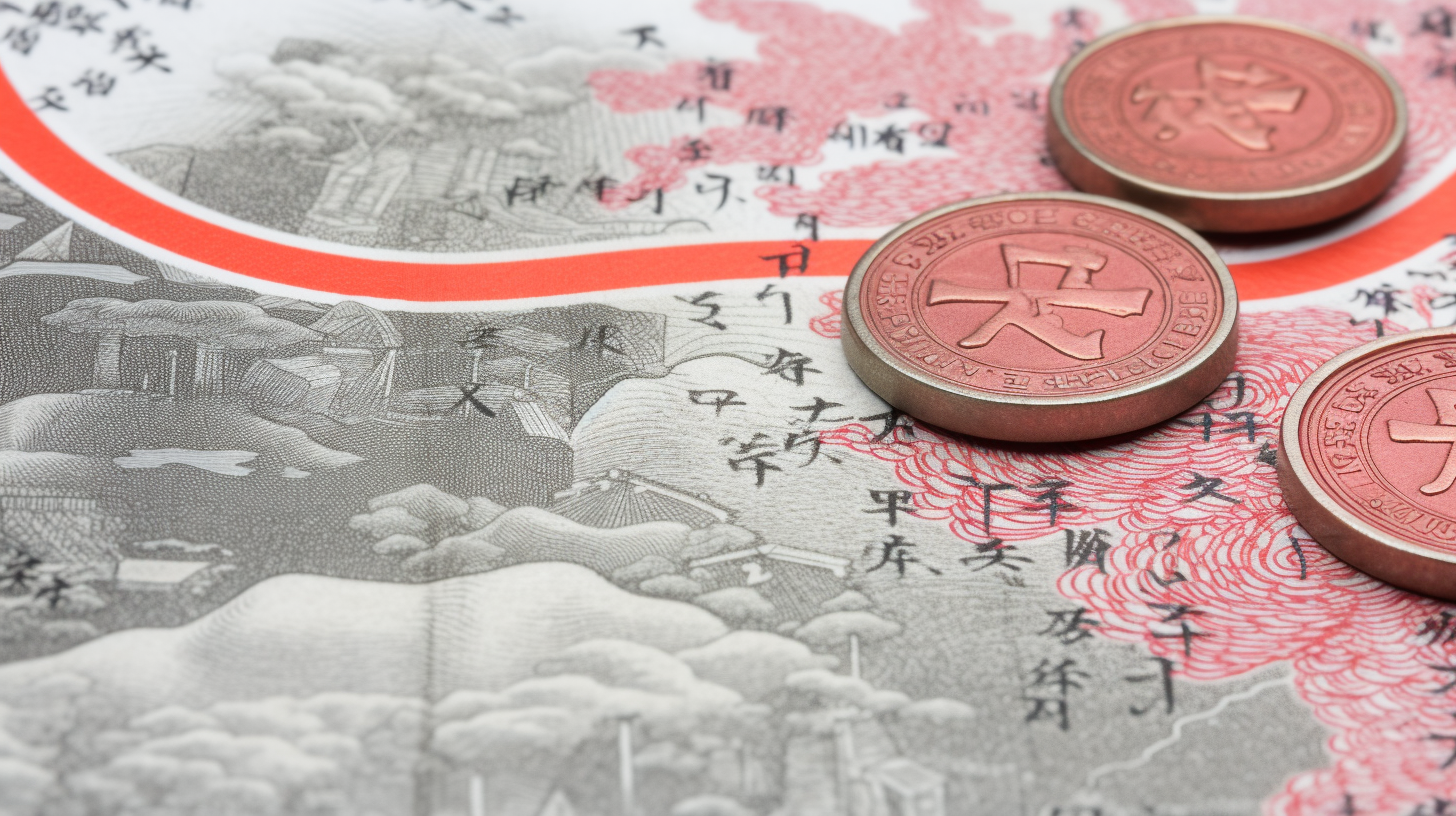 Japanese currency or yen coins lying on a drawing of houses and Japanese letters.