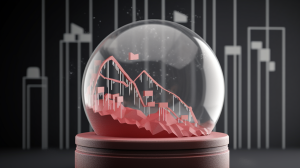 3d upward trending lines with stock market and currency symbols in a snow globe that looks like a real-world simulation for synthetic indices
