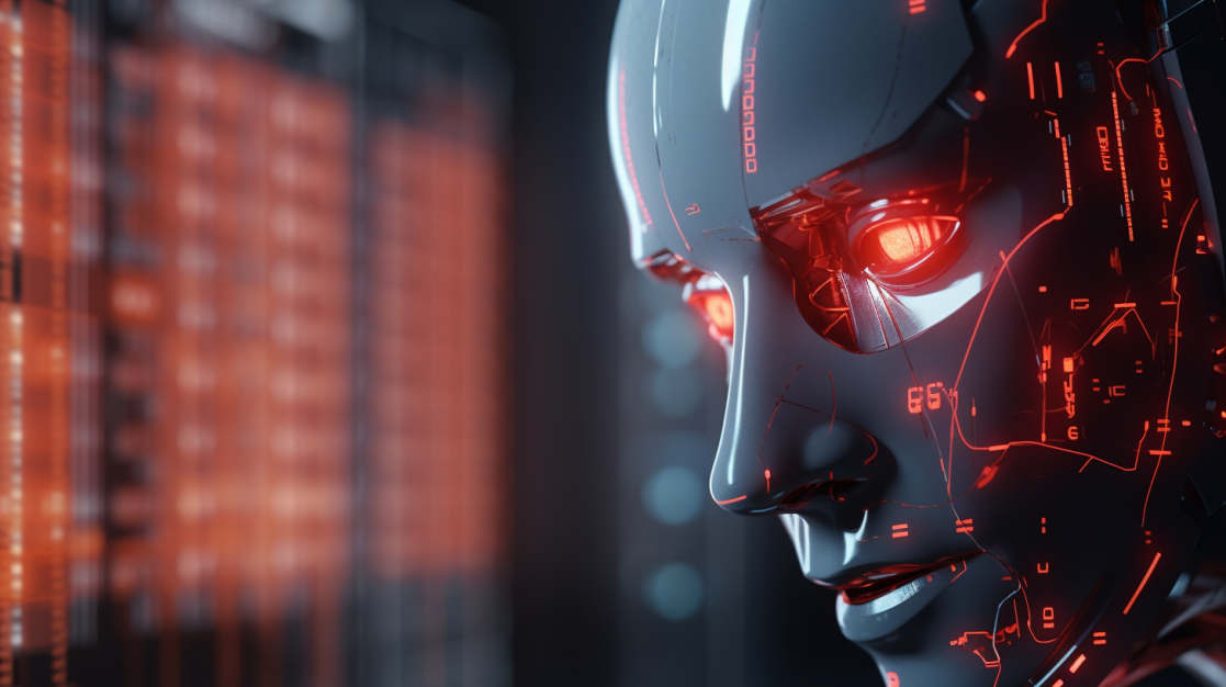 A close up of an advanced robot face with glowing LED eyes, financial charts reflected in the eyes for automated trading