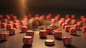 3D concept of rolling dice over a table of gold coins to show speculative factors of commodities market rates
