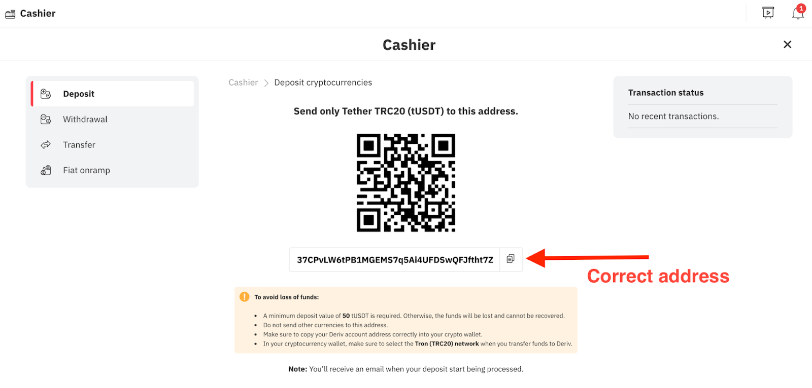 Tether TRC20 (tUSDT) deposit or withdrawal on Deriv cashier