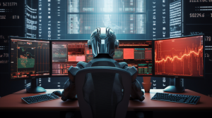A robot with a brain visible inside its clear head, full of complex diagrams and math formulas related to martingale strategies and derivatives trading. The robot is sitting at a desk with multiple computer screens showing stock charts and trading data