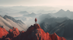 An explorer standing on a cliff edge looking out over a vast landscape filled with tall peaks and deep valleys