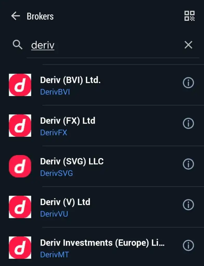 Deriv brokers on MT5 mobile app 